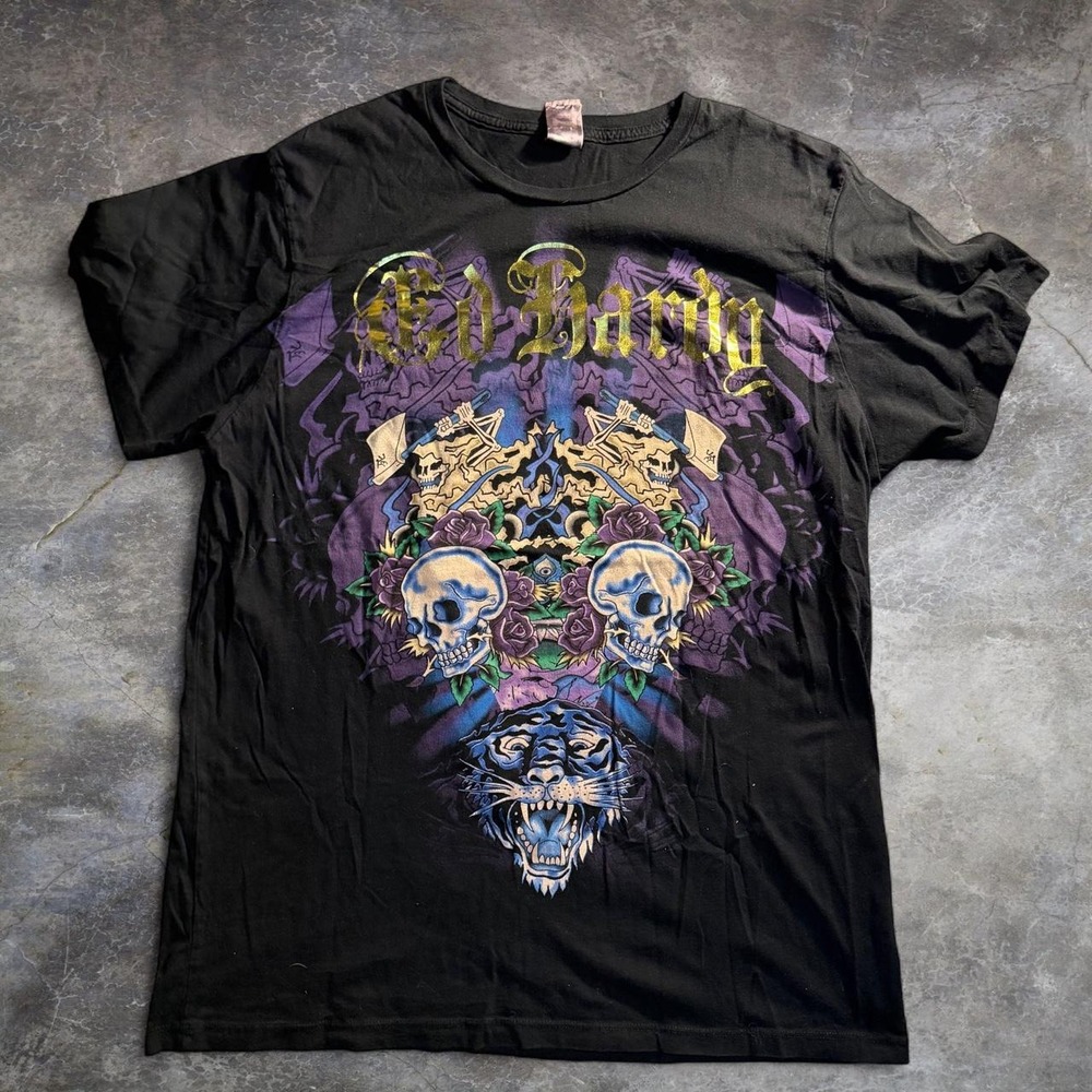 Ed Hardy Christian Audigier Mens XL Black Skull Tiger Tattoo Graphic T-Shirt Y2K